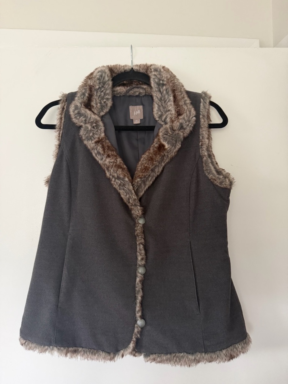 J. Jill Charcoal Gray Faux Fur-Trim Sleeveless Vest
